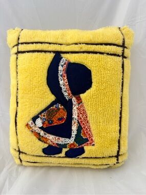 Vintage Handmade Sunbonnet Sue Pillow- 70’s Fuzzy Yellow Fabric with Brown Trim